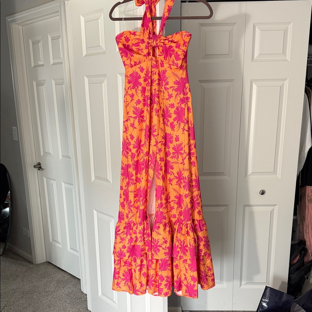 Women's Halter Floral Maxi Dress in Orange and Pink